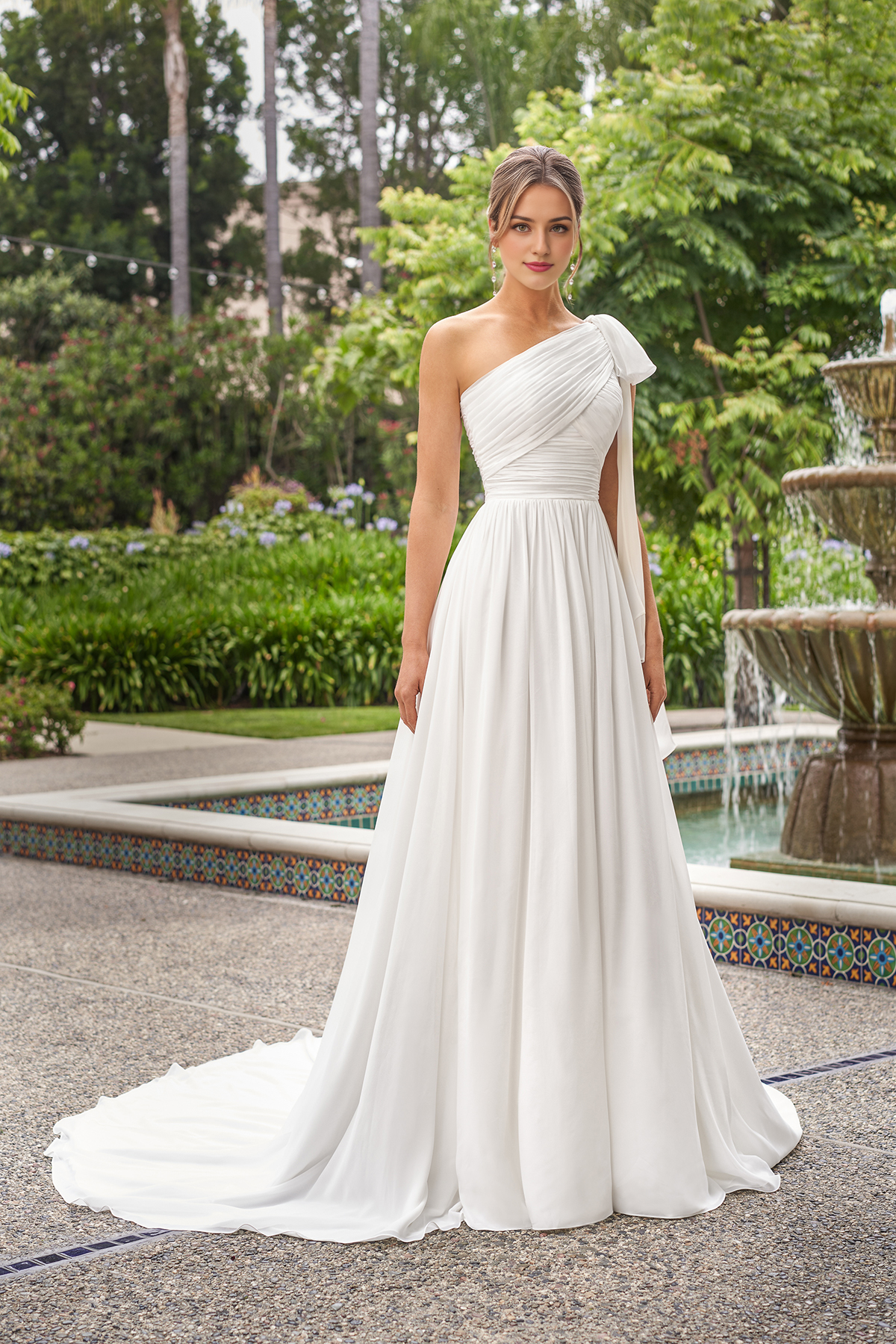 A-line asymmetrical neckline sleeveless strapless backless and floor length wedding dress